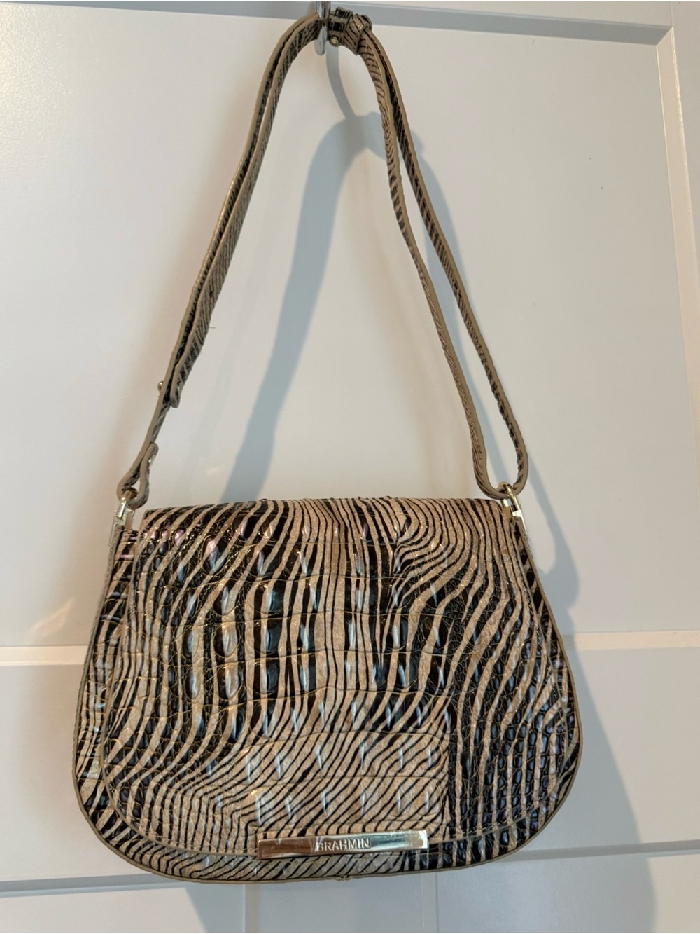 Brahmin Zebra-Print Crossbody Bag in Taupe and Black